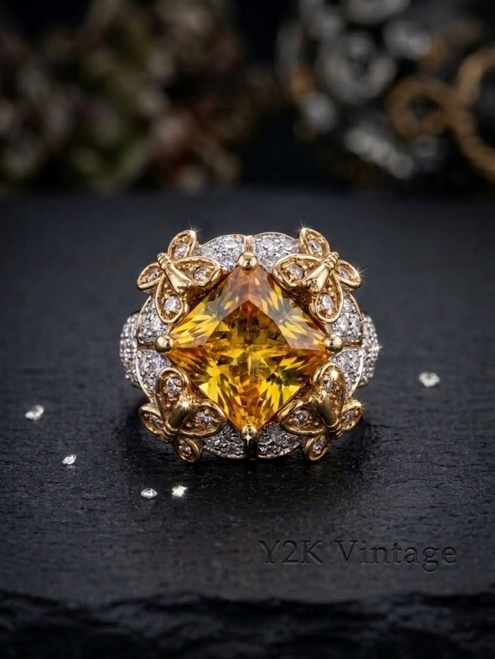 Vintage Y2K Butterfly Cocktail Ring | 14K Gold Citrine Swarovski Crystals - Picture 6 of 6